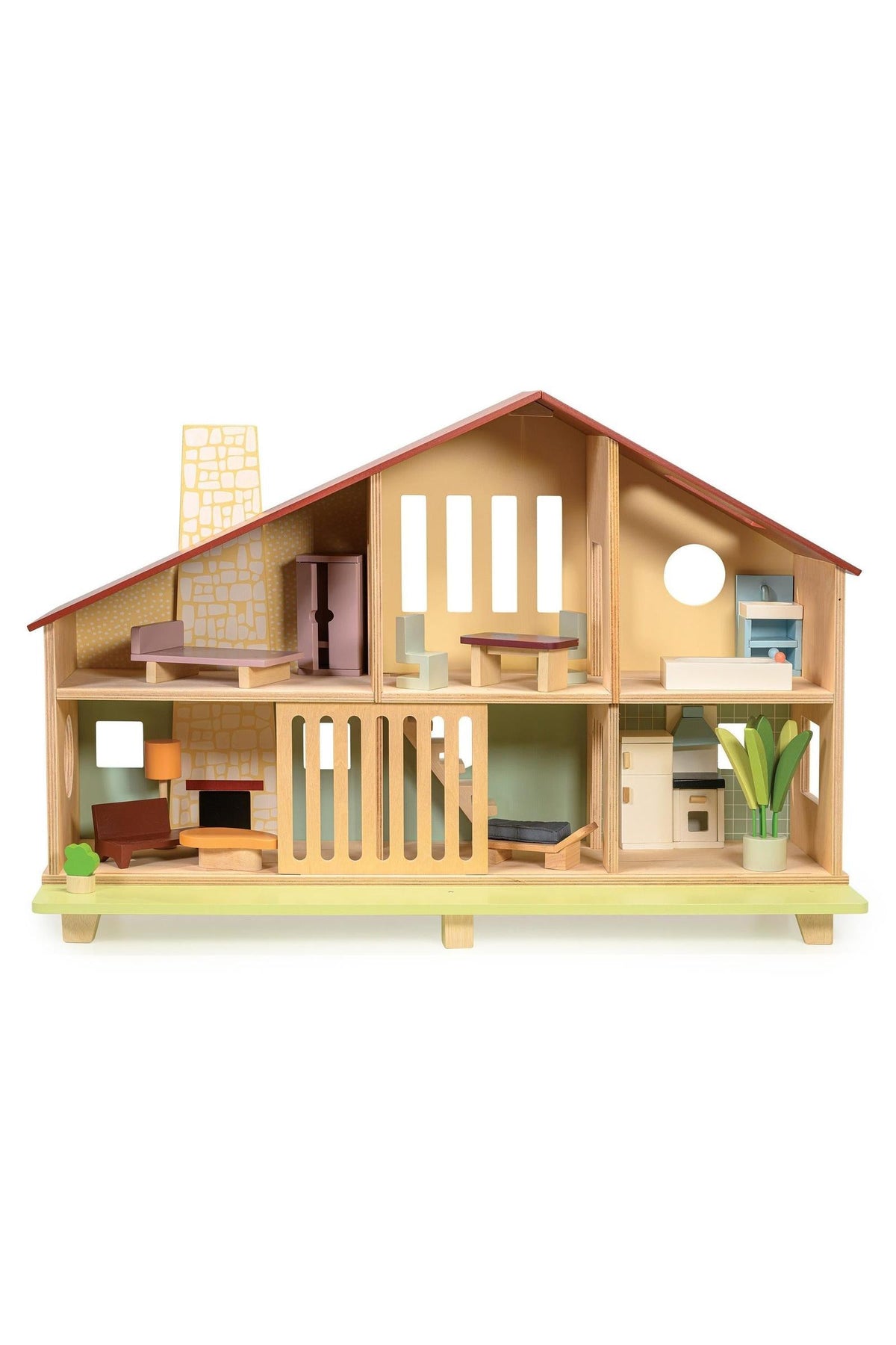 Wooden dollhouse with mid-century modern design, featuring open spaces, colorful furniture, and a chimney. Sustainable toy for kids.