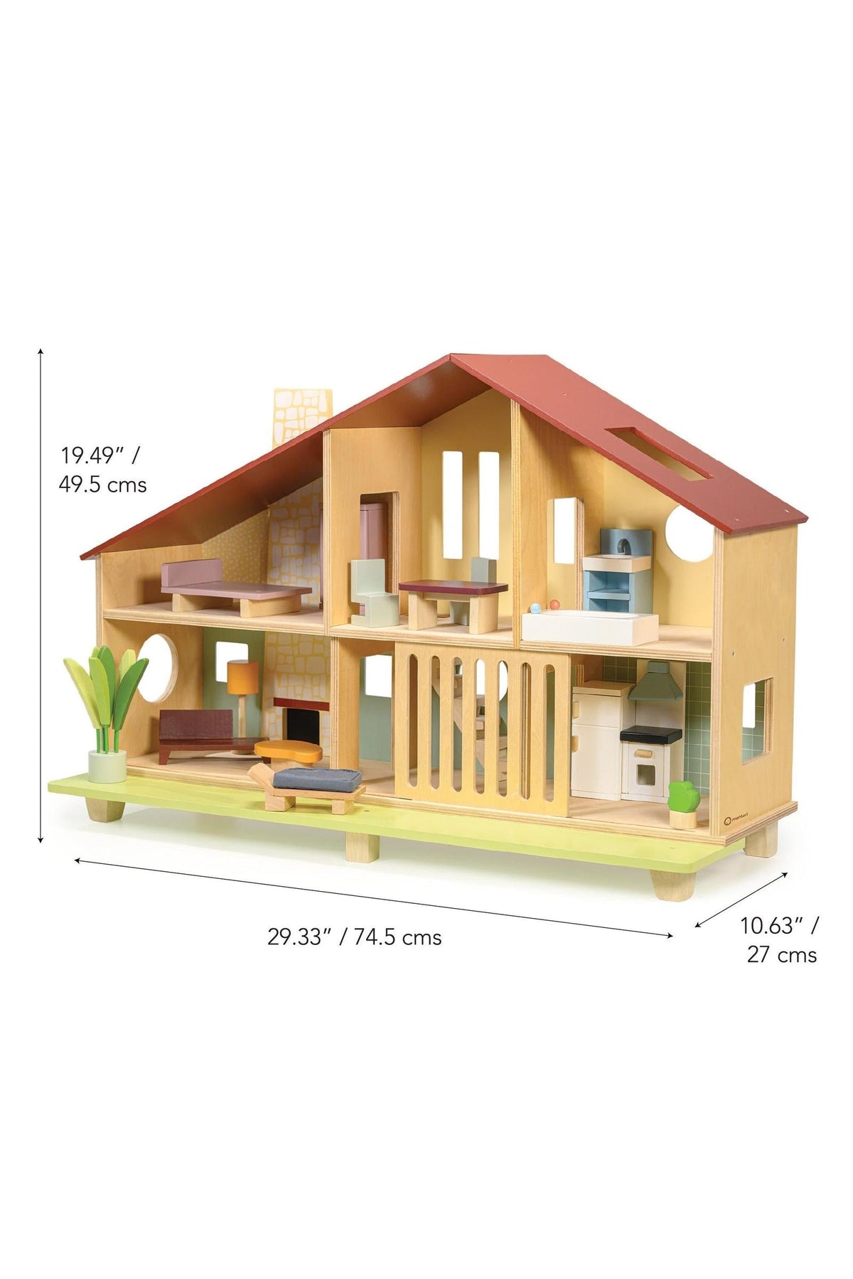 Wooden dollhouse with a red slanted roof, open rooms, and modern furniture, showcasing a mid-century style.
