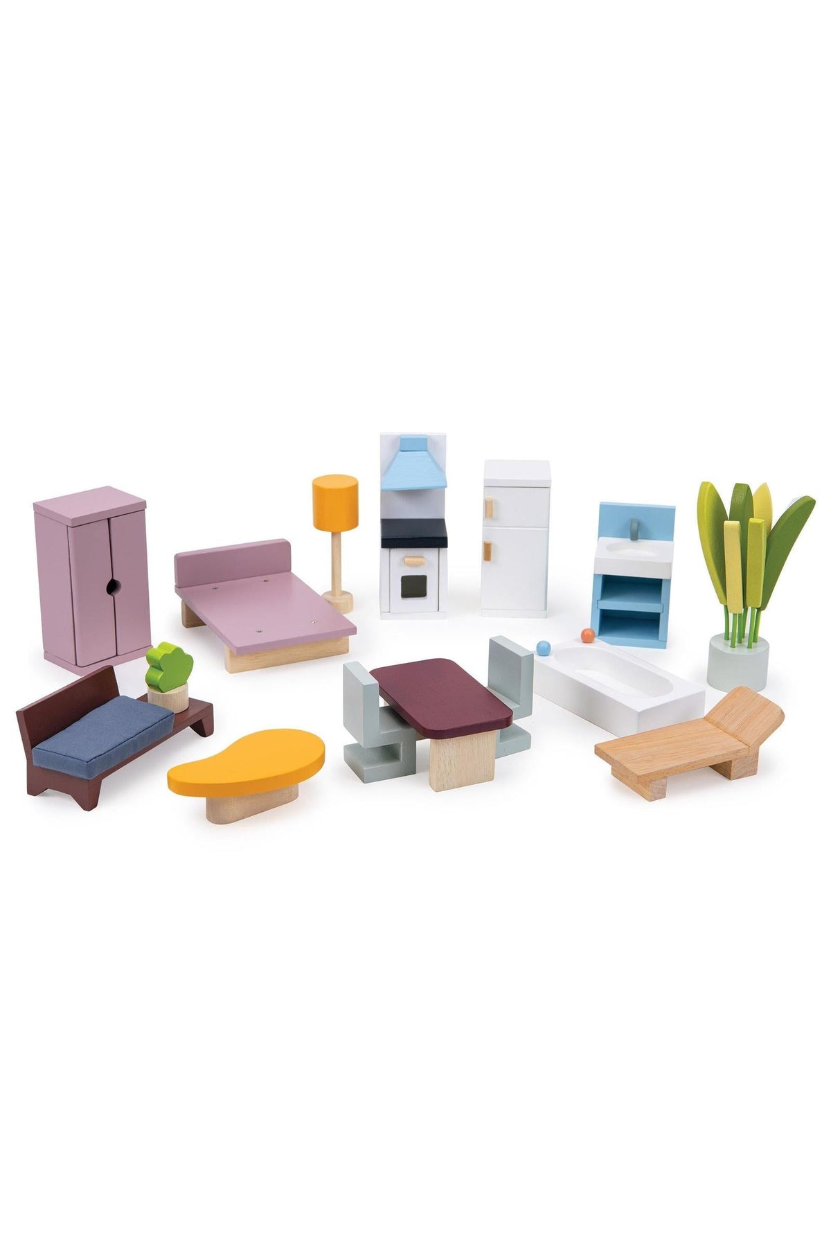 Colorful wooden dollhouse furniture set includes a bed, sofa, tables, and plants, showcasing retro-modern style.