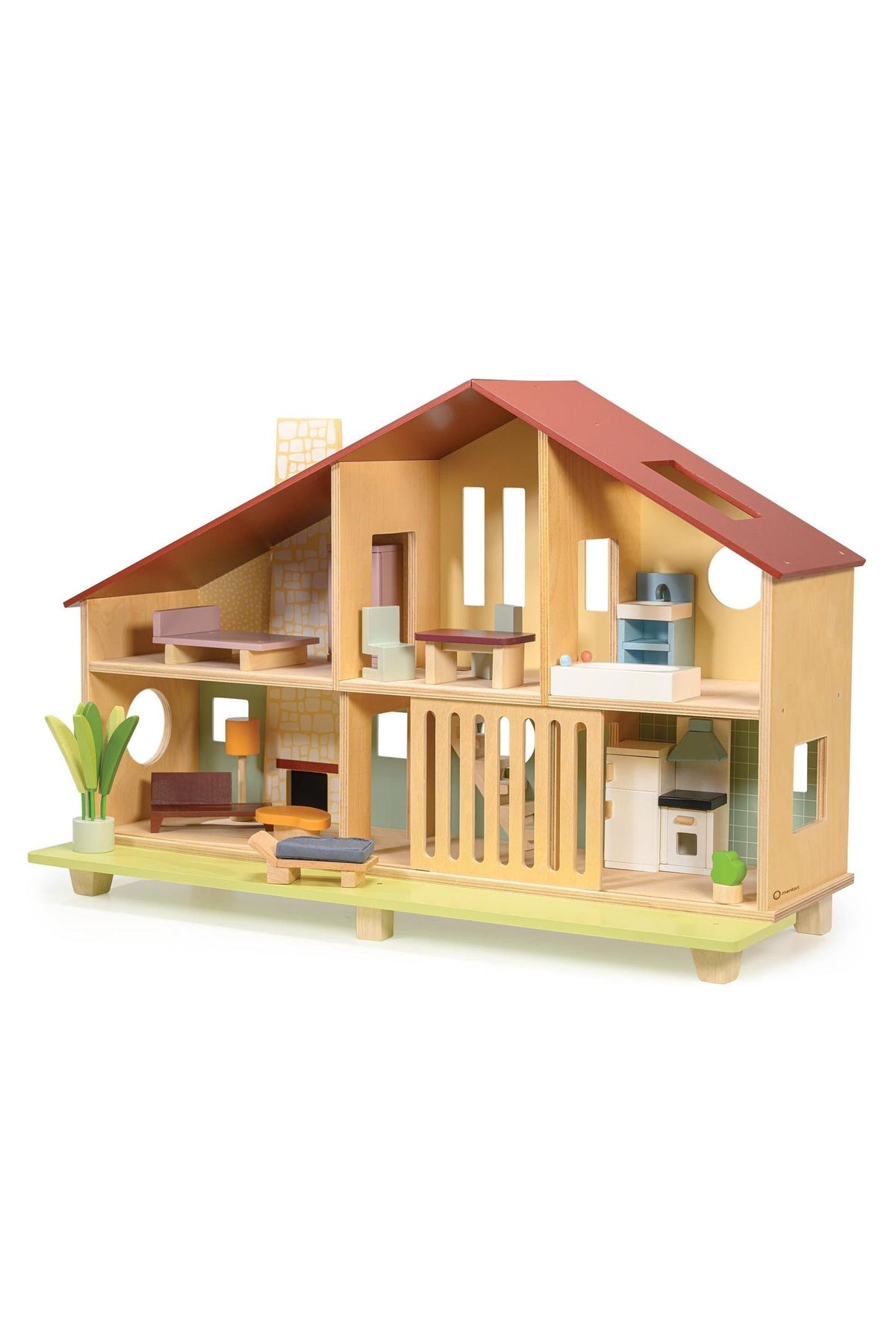 Wooden dollhouse with mid-century modern design, featuring an open interior, red roof, and eco-friendly materials.