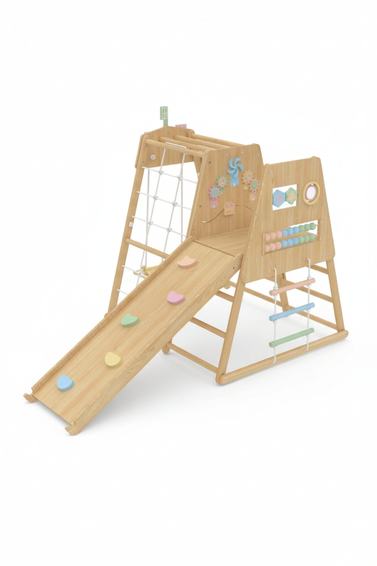 A wooden playset featuring a slide, climbing wall, and various interactive elements in soft pastel colors. It’s designed for toddlers and promotes active play in a safe environment.