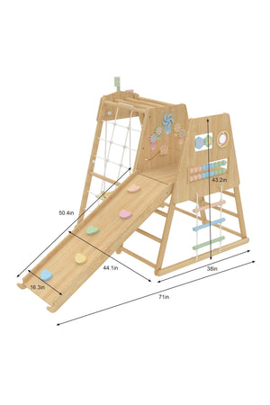 A wooden climbing structure features a slide and various play elements, designed for toddlers. Its natural finish and sturdy construction promote active play in indoor environments.