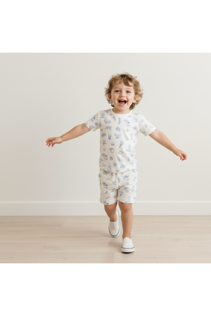 A joyful child runs in a coastal-themed organic cotton tee and shorts set, featuring playful summer graphics. The outfit showcases a relaxed fit, perfect for warm weather activities.
