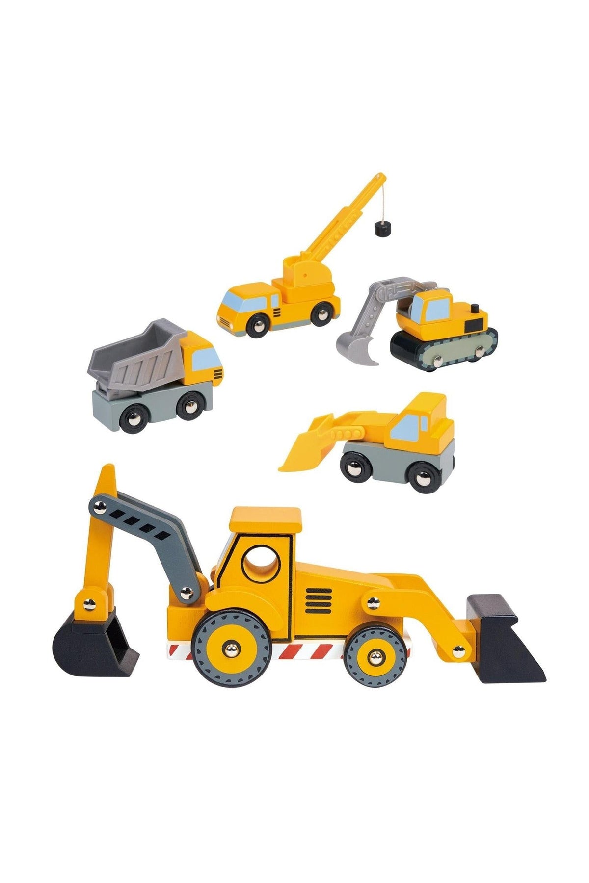 Five colorful wooden construction vehicles, including a backhoe, crane, dump truck, excavator, and loader, on a white background.