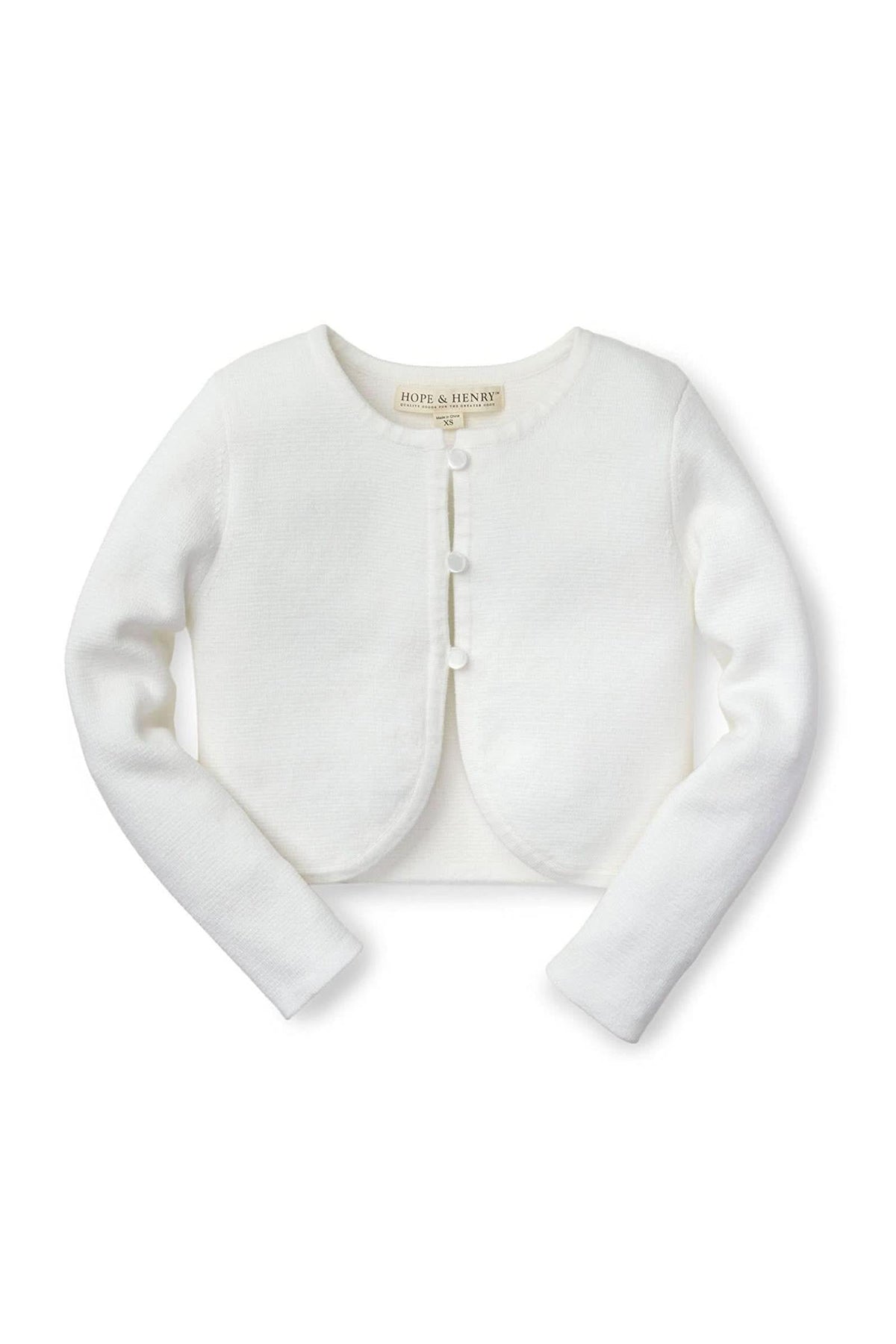 White cropped cardigan from Hope & Henry, featuring long sleeves and a delicate button closure, made from organic cotton.