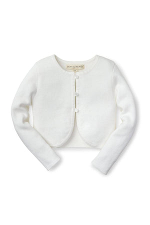 White cropped cardigan from Hope & Henry, featuring long sleeves and a delicate button closure, made from organic cotton.