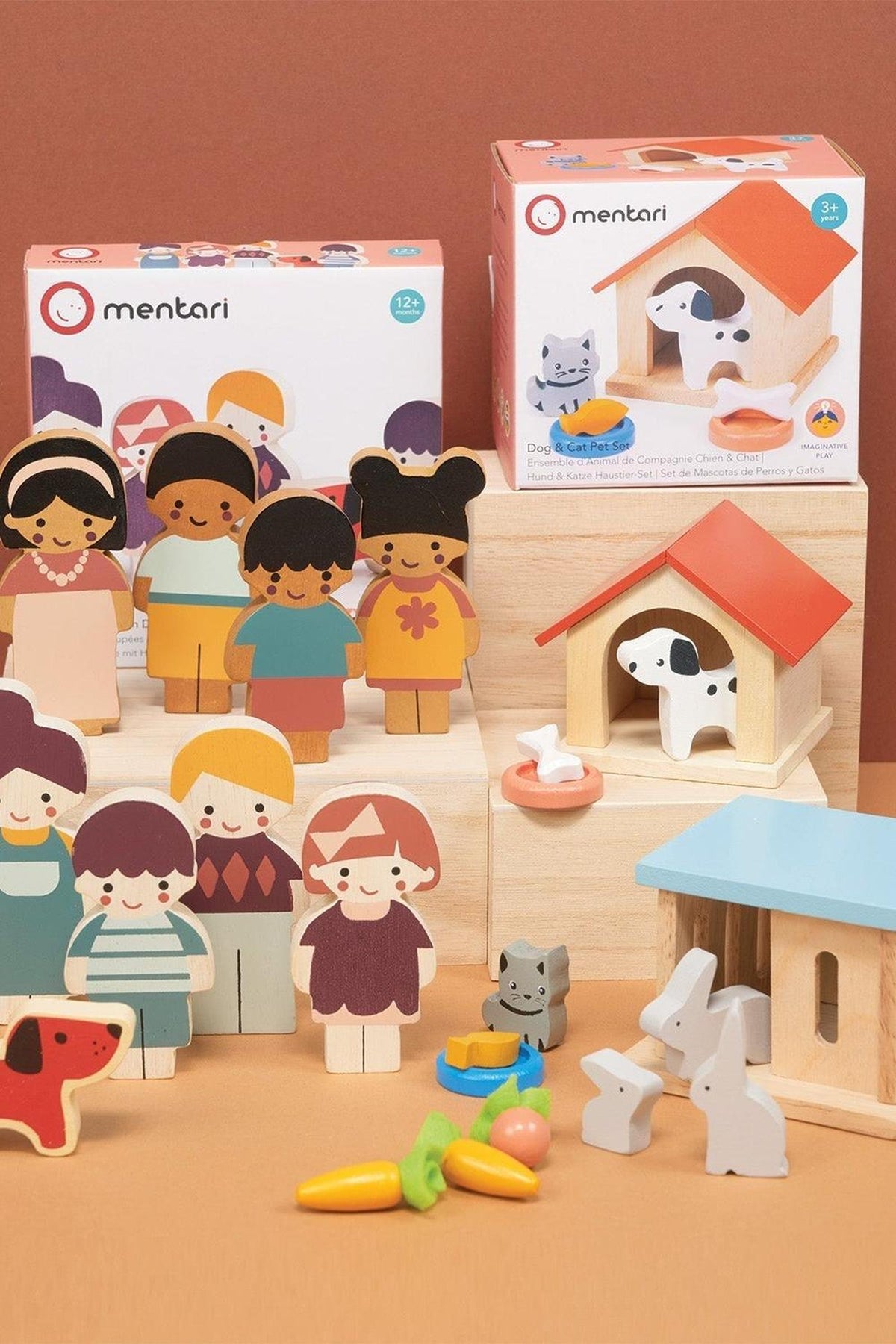 Doll Family And Pets Bundle | Rabbit Hutch | Cat & Dog Kennel | Two Family & Pet Sets | Mentari Wooden Toys