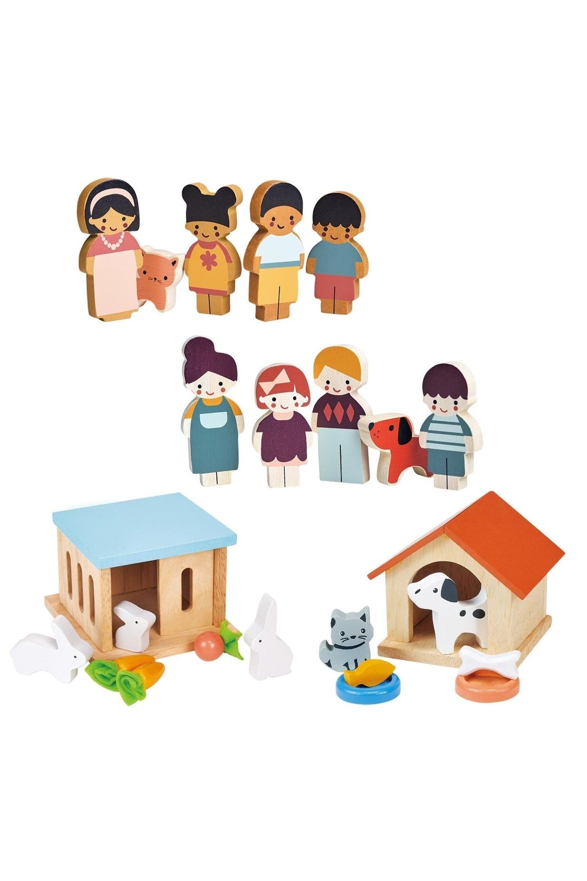 Doll Family And Pets Bundle | Rabbit Hutch | Cat & Dog Kennel | Two Family & Pet Sets | Mentari Wooden Toys