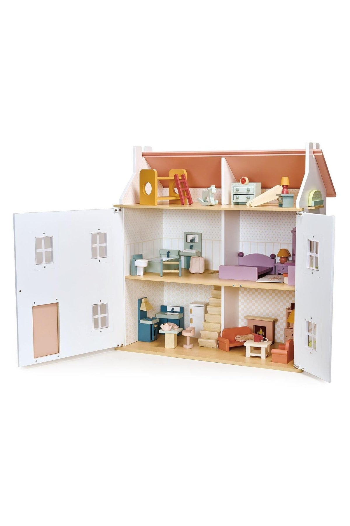 Wooden dollhouse with colorful furniture, including living, dining, and kitchen areas. Eco-friendly materials emphasize imaginative play.