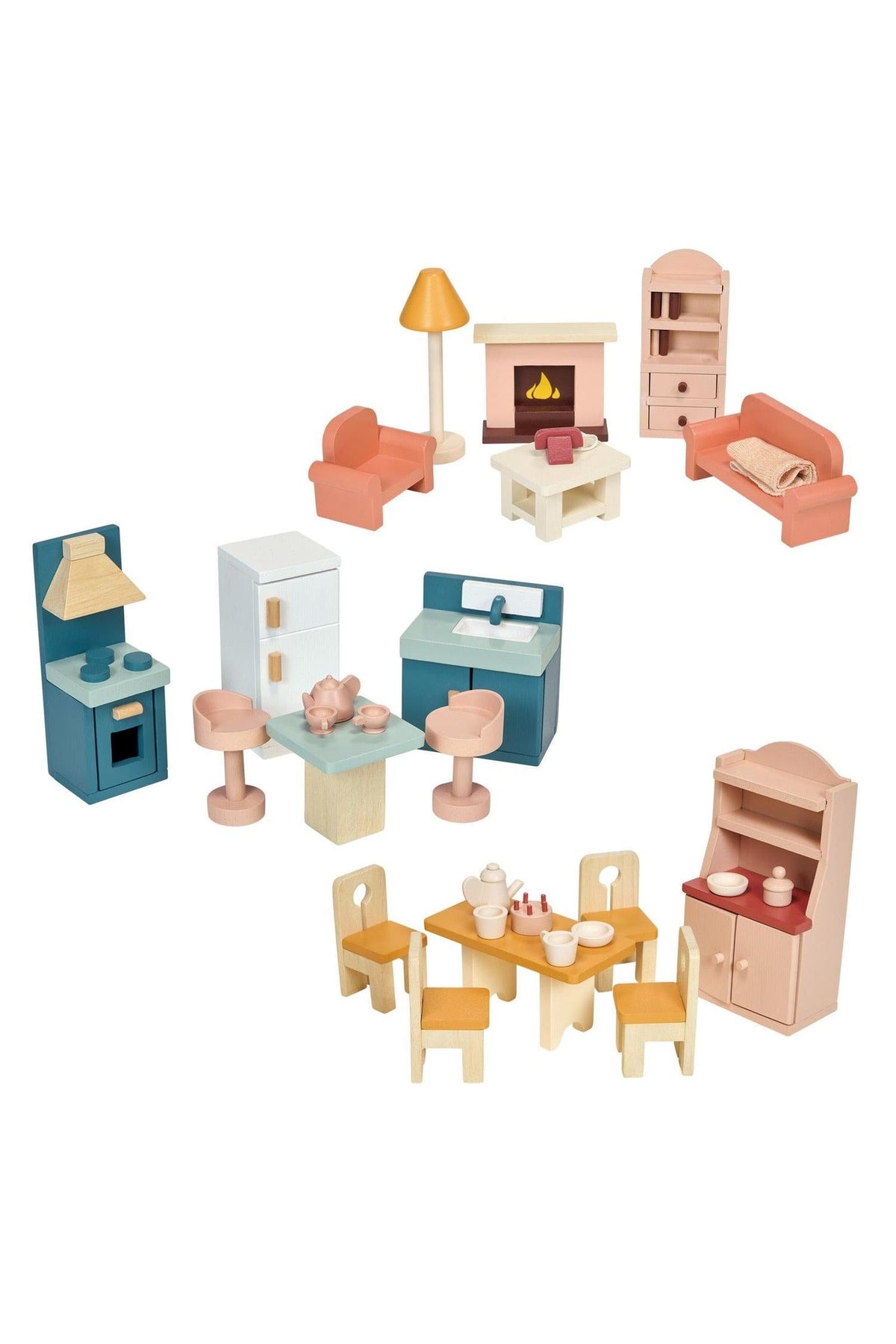 Wooden dollhouse furniture set includes living, dining, and kitchen pieces in pastel colors with eco-friendly materials.