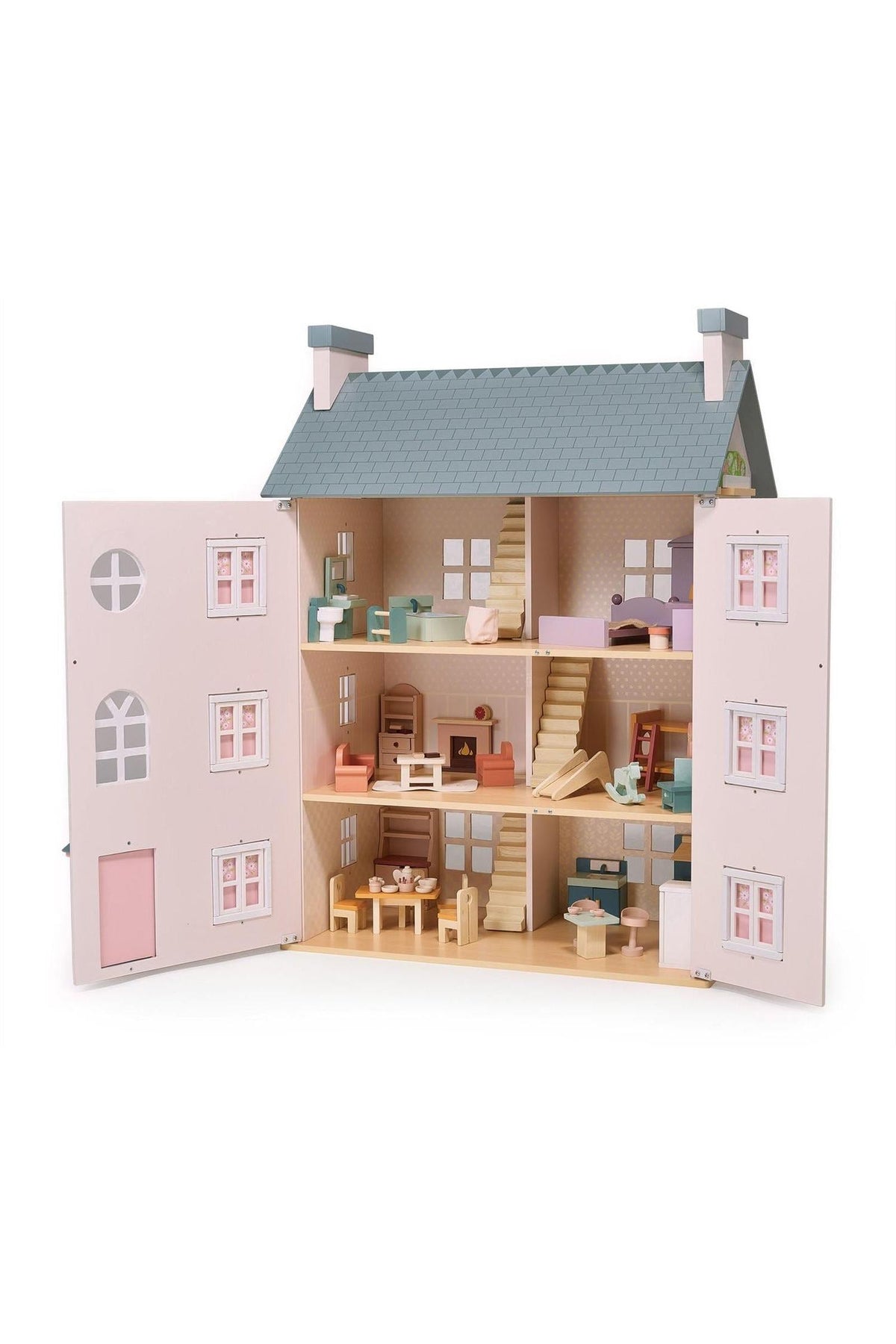 Wooden dollhouse with pastel-colored furniture, featuring living, dining, and kitchen areas. Sustainable design with intricate details.
