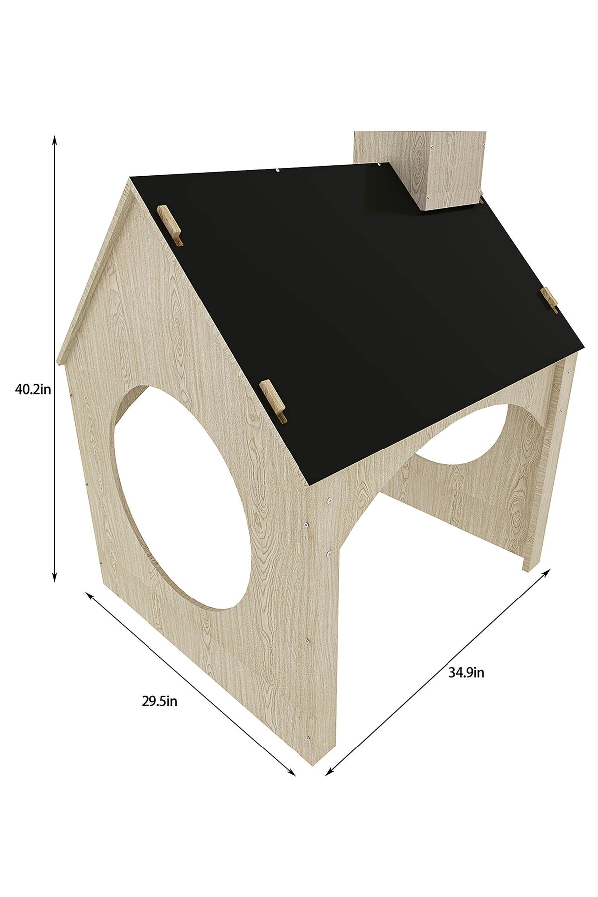 A wooden house-shaped pet play structure with a black roof, shown with dimension lines and measurements: 40.2 in height, 29.