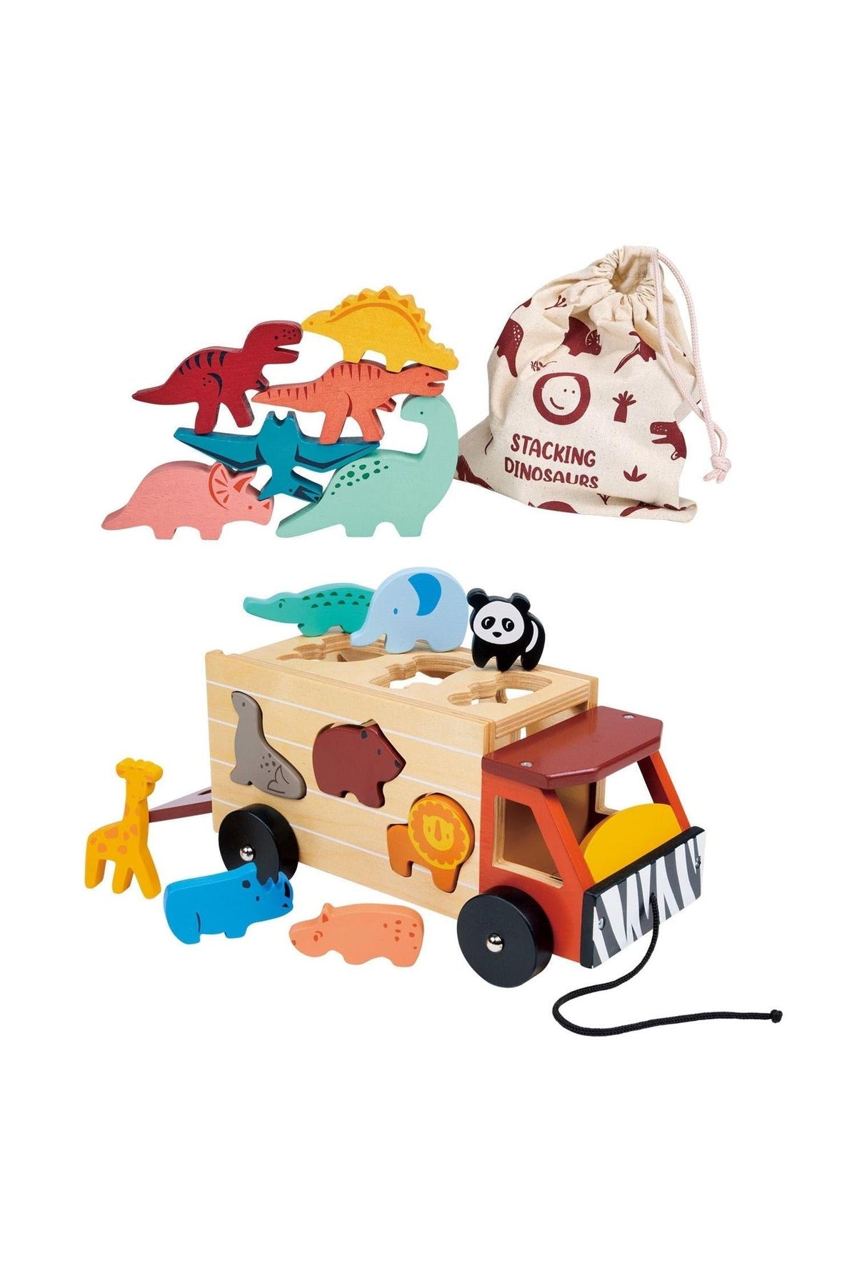 Wooden safari truck with colorful animal shapes and stacking dinosaur set, featuring a drawstring storage bag.