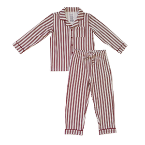 Red stripe collared bamboo pajama set featuring a classic button-up top with a pocket and matching elastic waist pants. Made from soft, sustainable bamboo fabric, perfect for cozy holiday mornings.