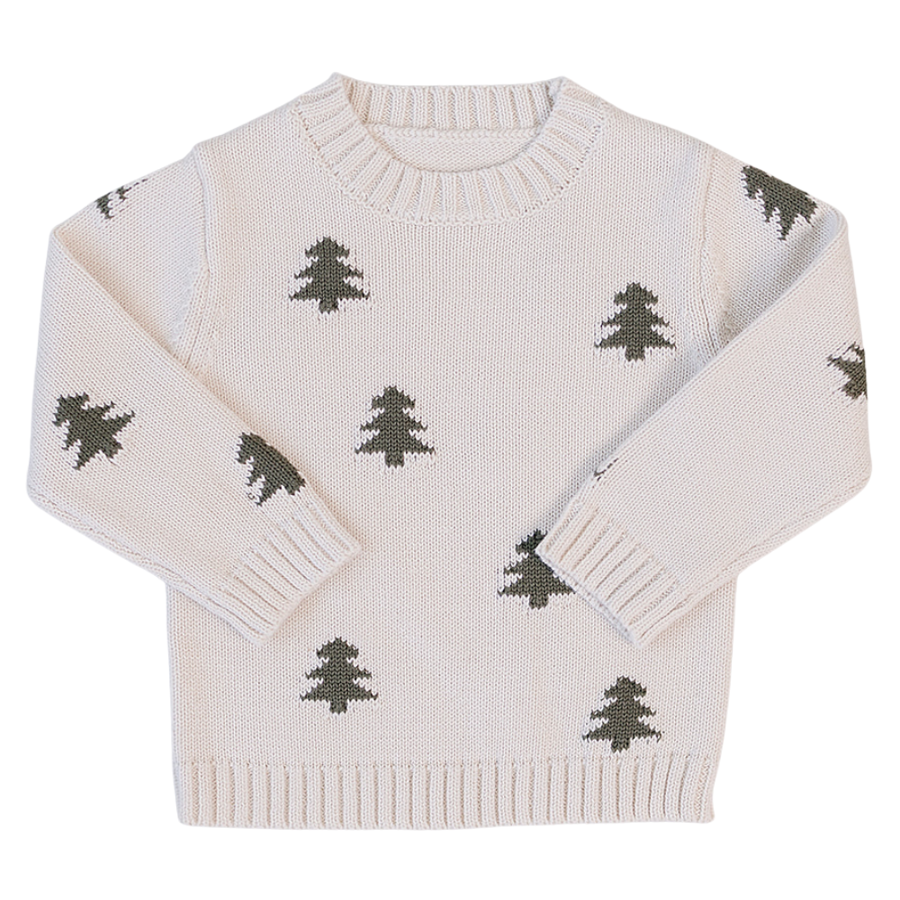Ivory knit cotton sweater featuring a classic crew neckline and ribbed cuffs, adorned with charming green pine tree accents. Perfect for keeping little ones cozy and stylish in cooler weather.