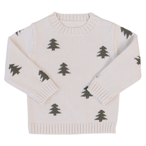 Ivory knit cotton sweater featuring a classic crew neckline and ribbed cuffs, adorned with charming green pine tree accents. Perfect for keeping little ones cozy and stylish in cooler weather.