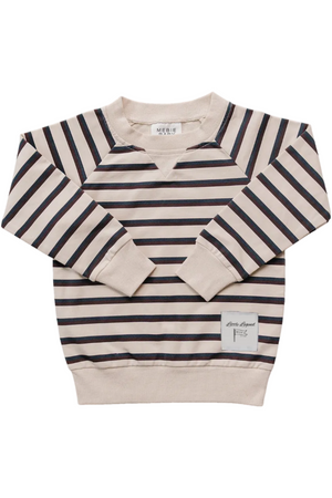 Light beige striped crewneck sweatshirt featuring dark navy and maroon stripes. Made from soft cotton, this cozy top is perfect for kids everyday adventures and playful outings.
