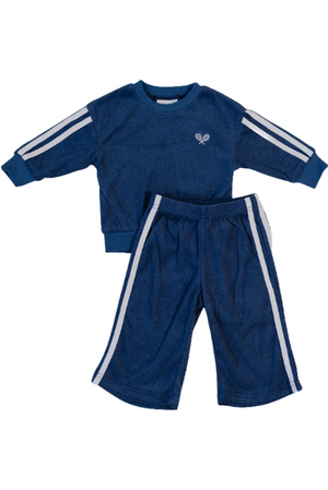 Navy terry cloth tracksuit set featuring a sweatshirt with white stripes and matching shorts, designed for kids. Made from breathable cotton for everyday comfort and play.