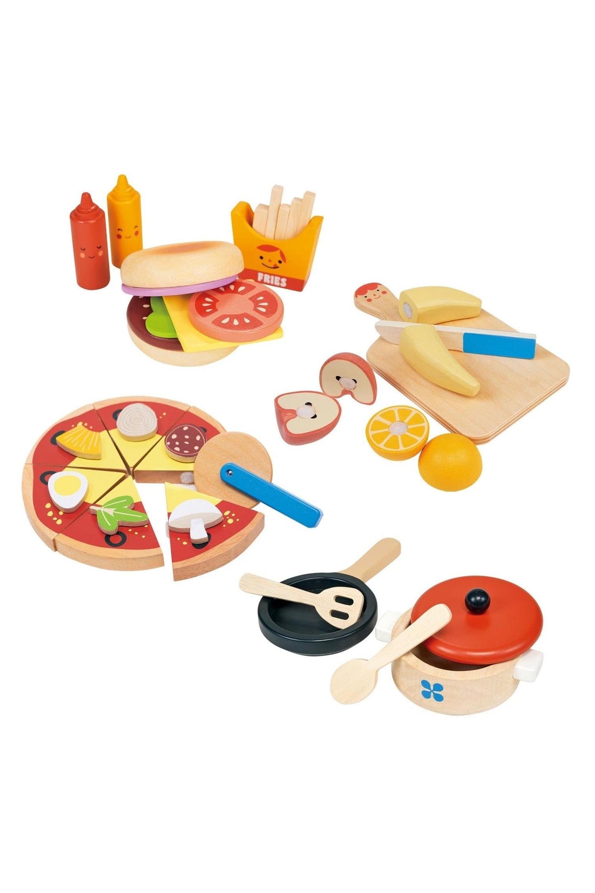 Wooden toy set featuring a pizza, burger, fries, and kitchen utensils. Bright colors encourage imaginative play.