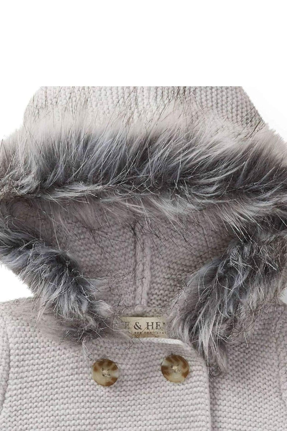 Light gray hooded sweater features soft organic cotton fabric with a faux fur trim around the hood. The design includes two decorative buttons and a label reading Hope & Henry.