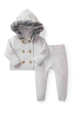 Light gray hooded sweater with faux fur trim and matching leggings, made from 100% organic cotton. This cozy set is perfect for babies and features stylish gold buttons.