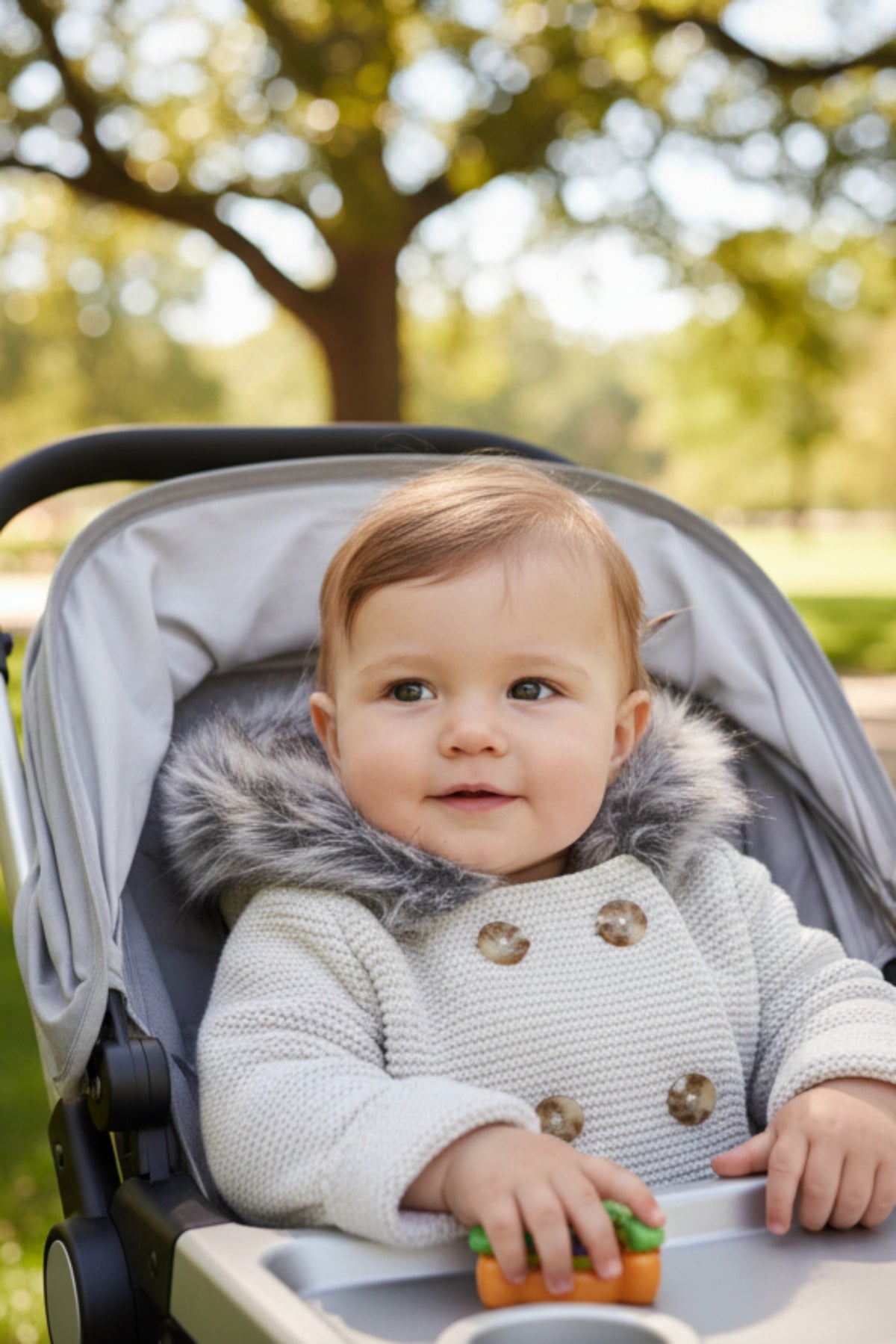 A smiling baby in a light gray hooded sweater with faux fur trim sits in a stroller, holding a toy.