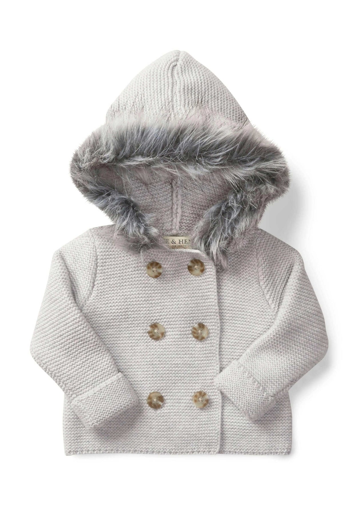 Light gray hooded sweater with faux fur lining, featuring a double-breasted design and large buttons, suitable for babies.