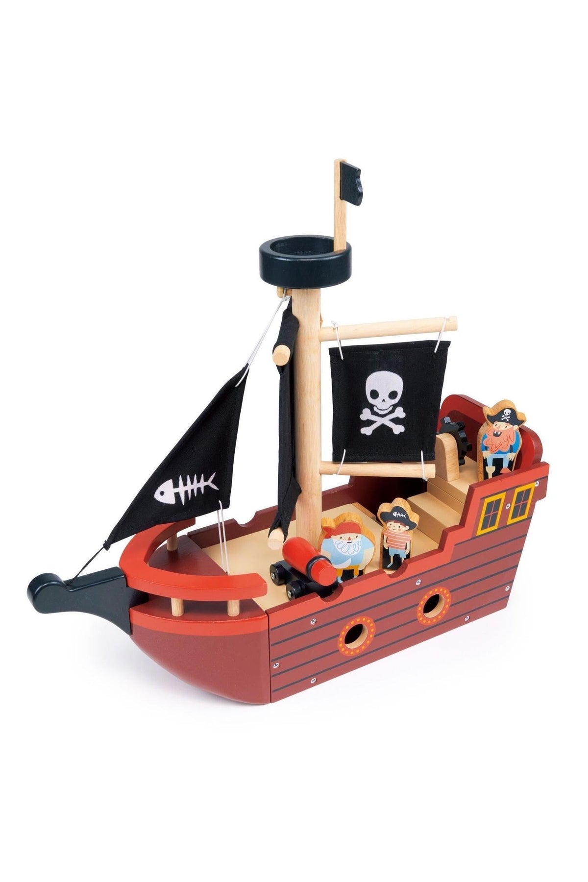 Wooden pirate ship toy with black fabric sails featuring skull and fishbone designs, includes colorful pirate figures.