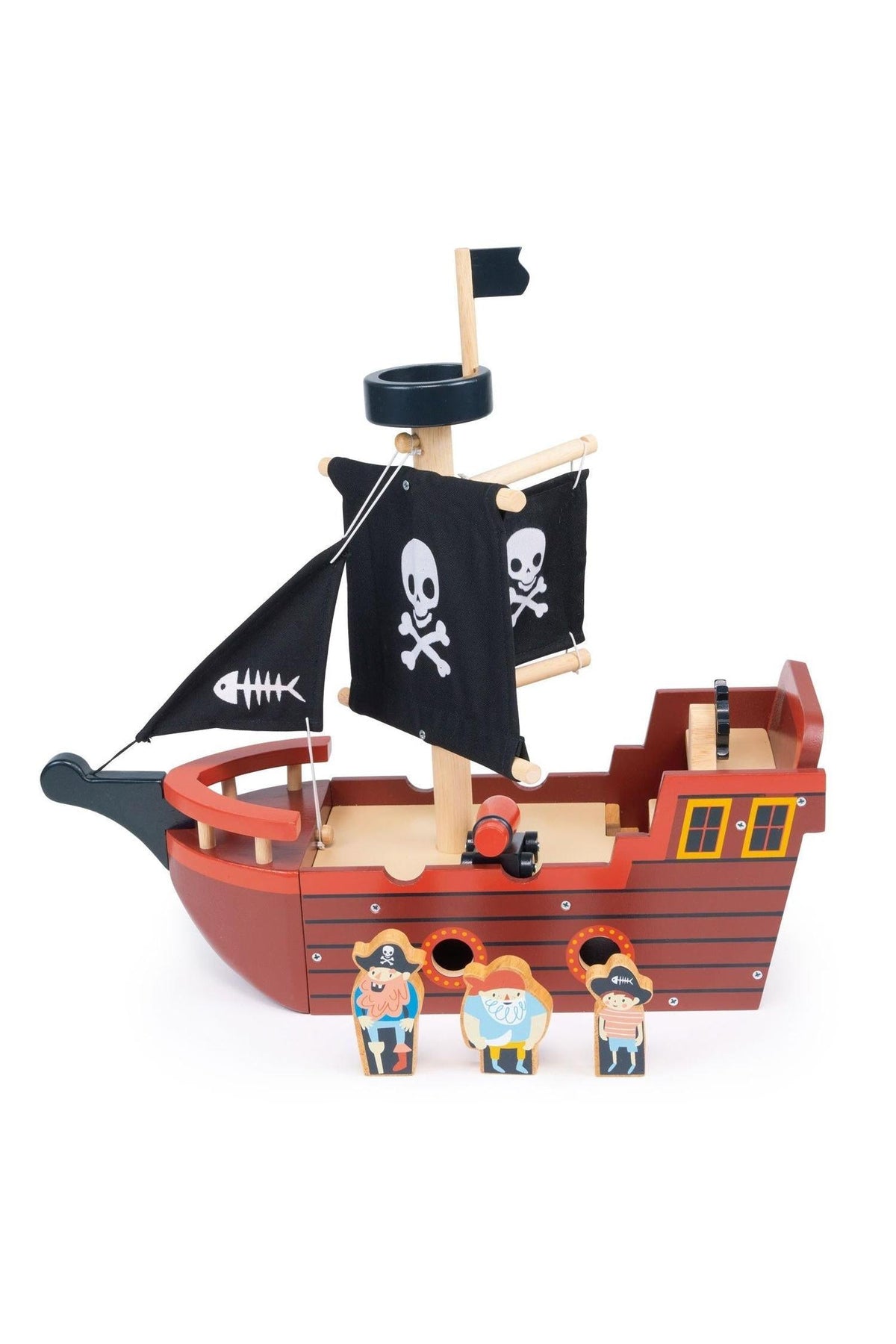 A wooden pirate ship toy with black sails, featuring skull designs, includes three cartoon pirate figures.
