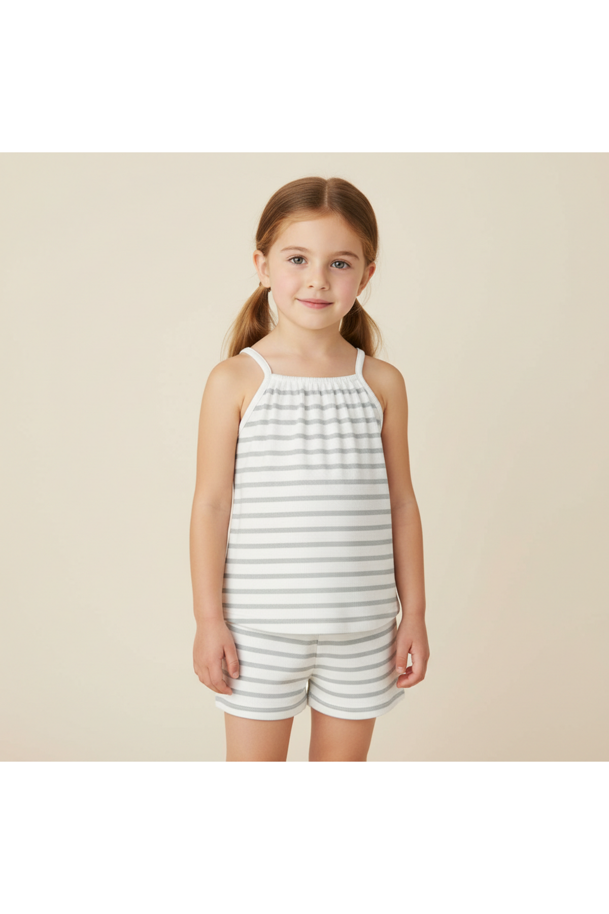 A young girl stands smiling in a light, organic cotton tank top and shorts set featuring soft fog stripes. The outfit is ideal for warm weather and playful activities.