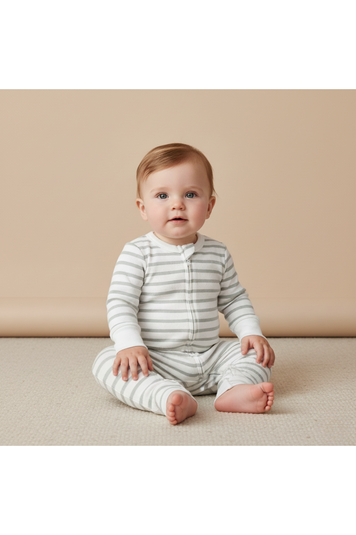 A baby sits on a soft, neutral surface, wearing an organic cotton, two-way zip romper in fog stripes. The romper features long sleeves and a front zipper for easy changing.