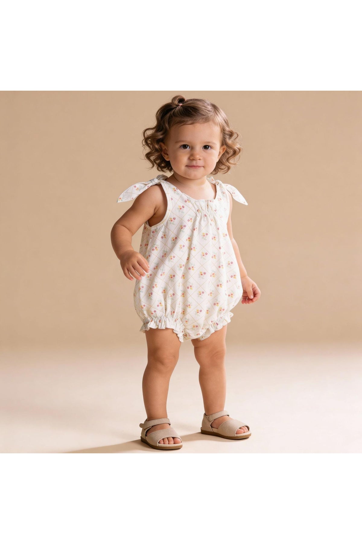 A toddler girl stands in a light, airy space, wearing an organic cotton bubble romper with floral patterns and adjustable tie shoulder straps.