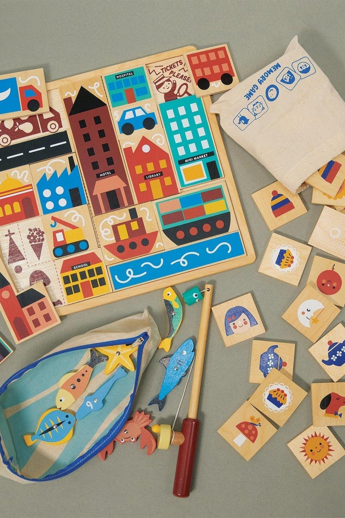 Games Bundle| Memory Game | Fishing Game | Town Puzzle | Mentari Wooden Toys