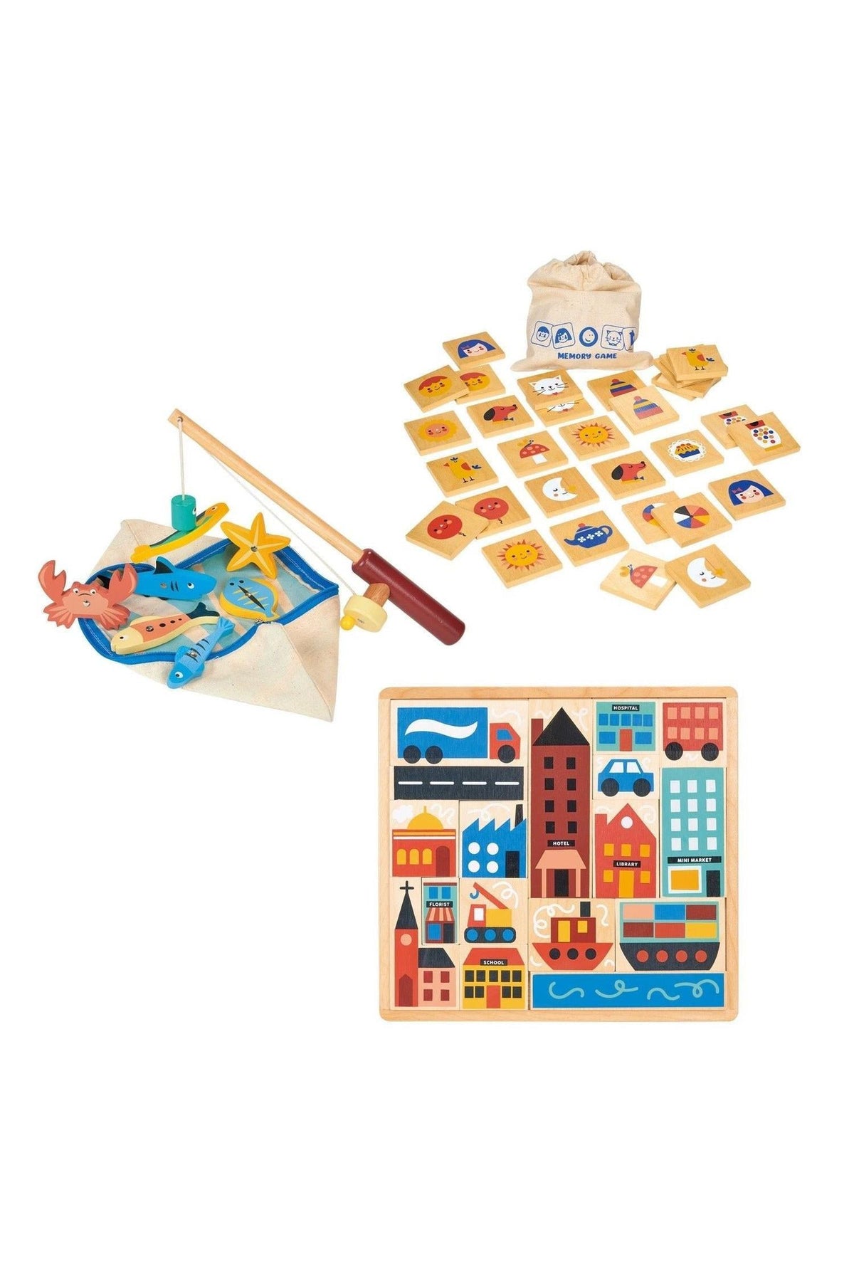 Games Bundle| Memory Game | Fishing Game | Town Puzzle | Mentari Wooden Toys