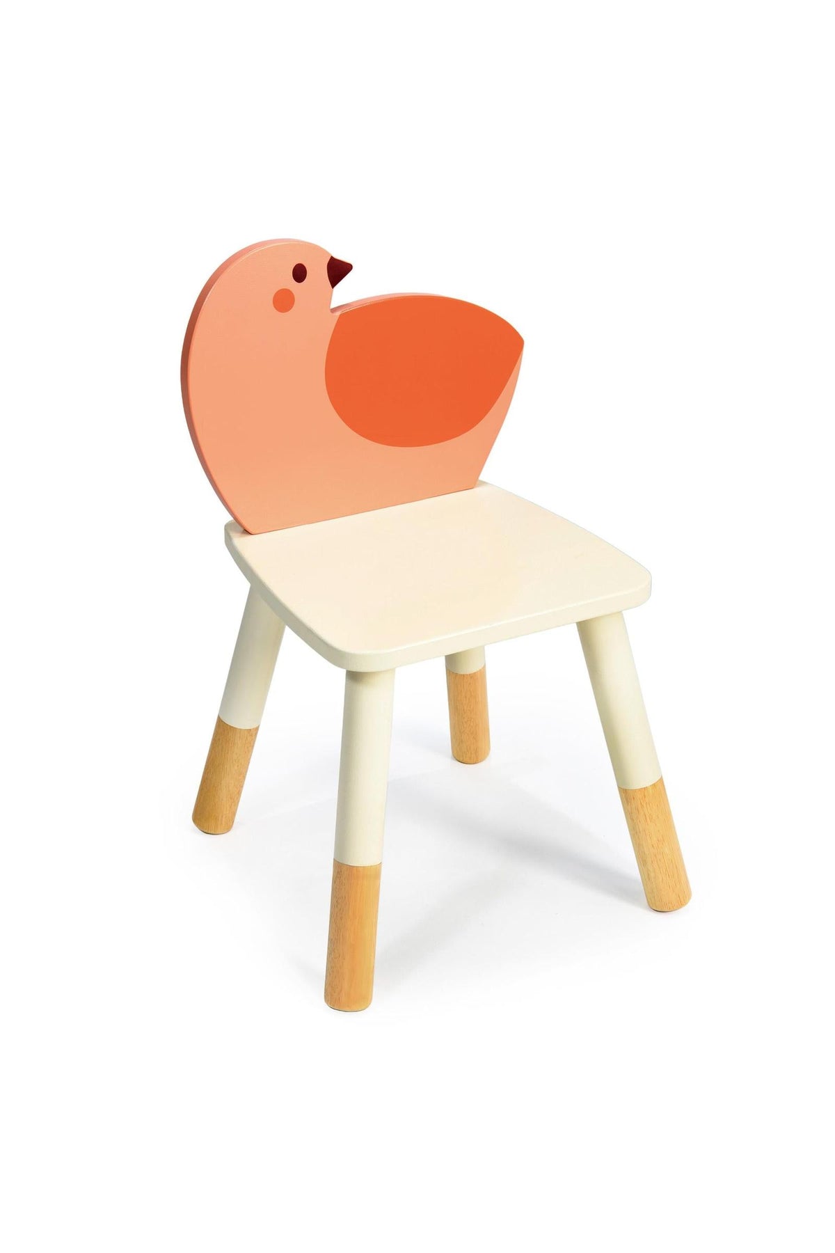 A colorful toddler chair with a bird-shaped backrest, featuring wooden legs and a cream seat.