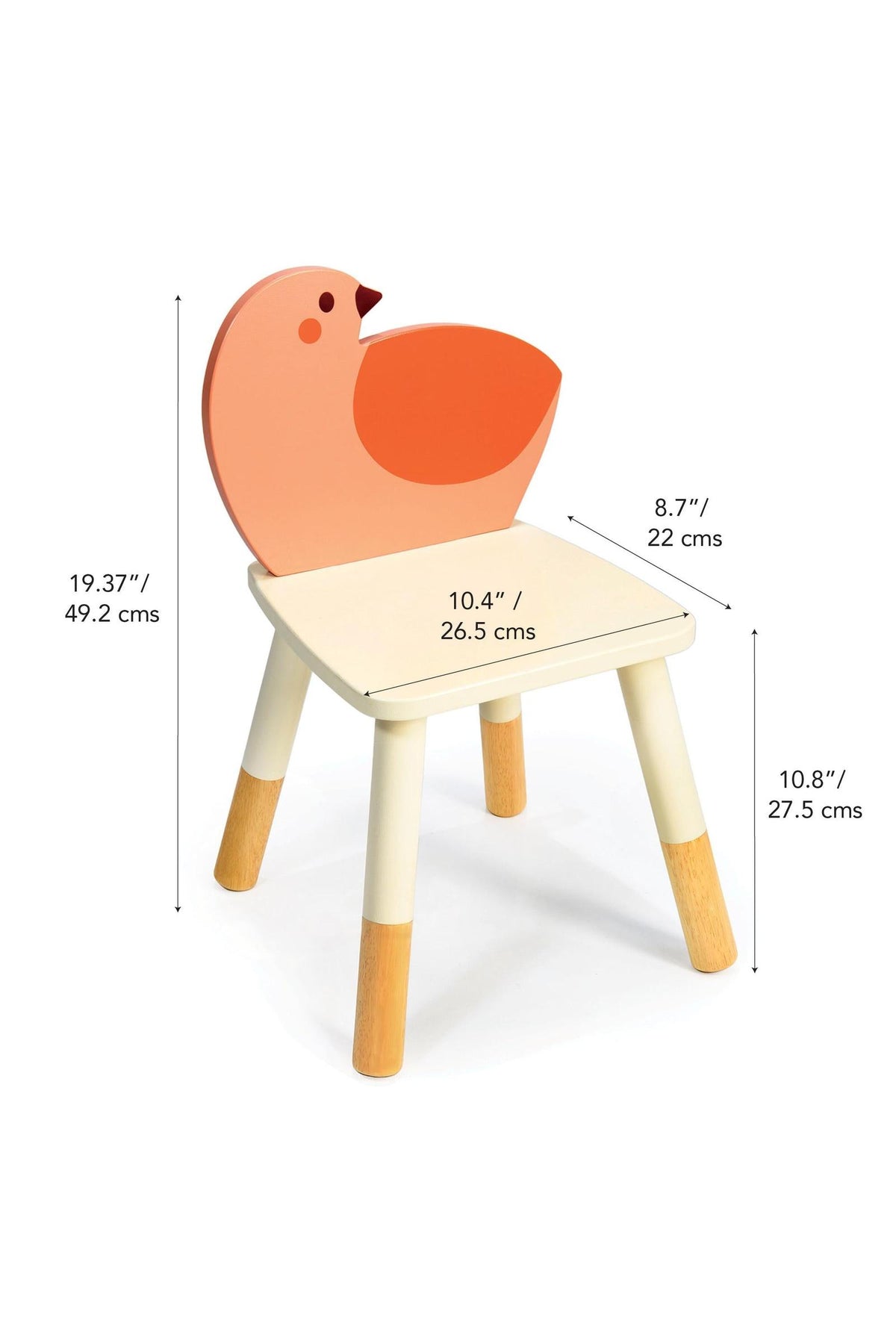 Colorful toddler chair with a bird-shaped backrest, natural wood legs, and cream seat. Dimensions displayed alongside.