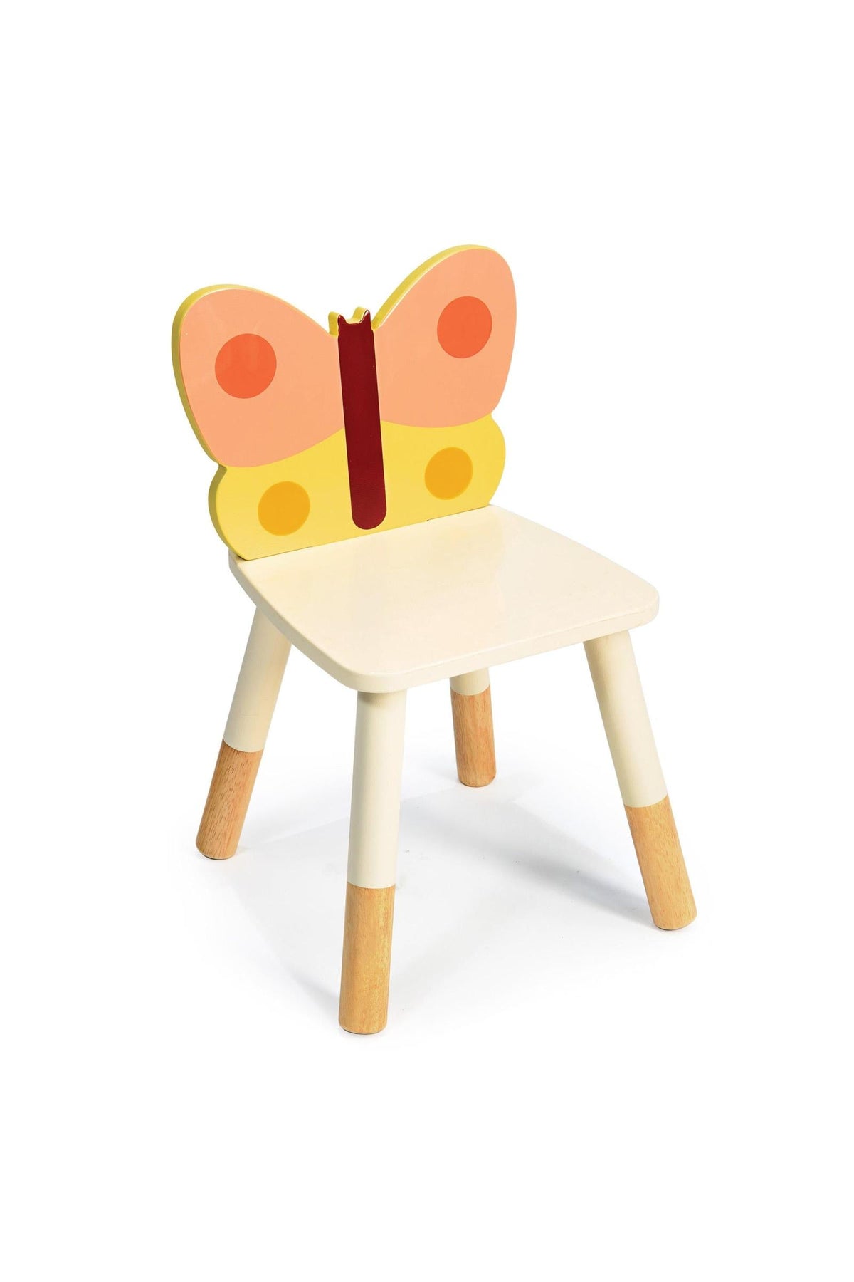 Colorful butterfly-shaped toddler chair with pastel backrest and wooden legs, made from sustainably sourced materials.