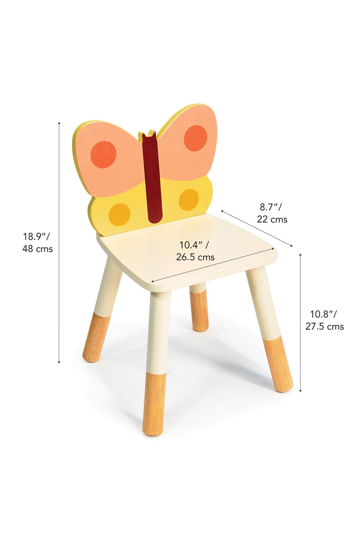 Colorful butterfly-shaped chair with pastel hues and wooden legs, designed for toddlers. Dimensions are labeled in the image.