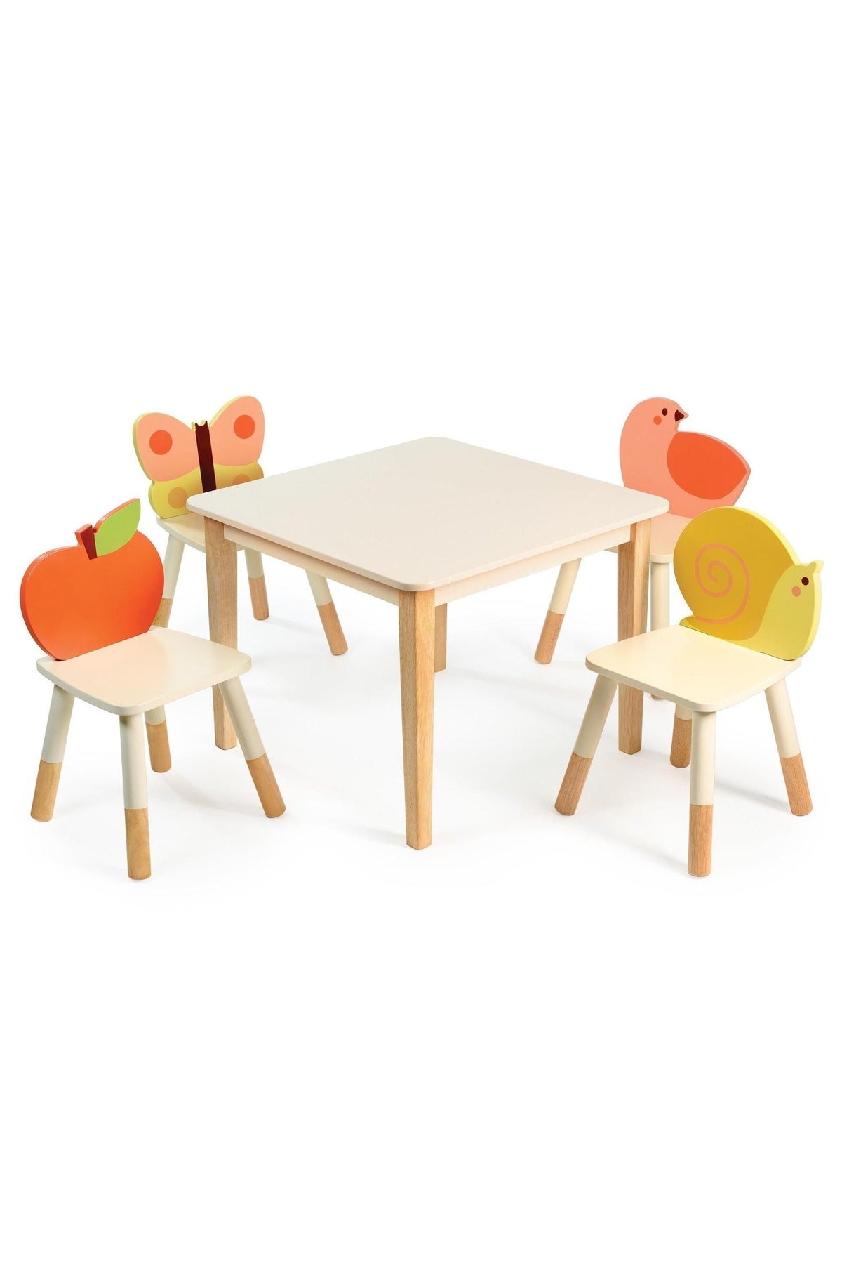 Childrens table set with animal-themed chairs: butterfly, apple, bird, and snail designs, featuring wooden legs and colorful backs.