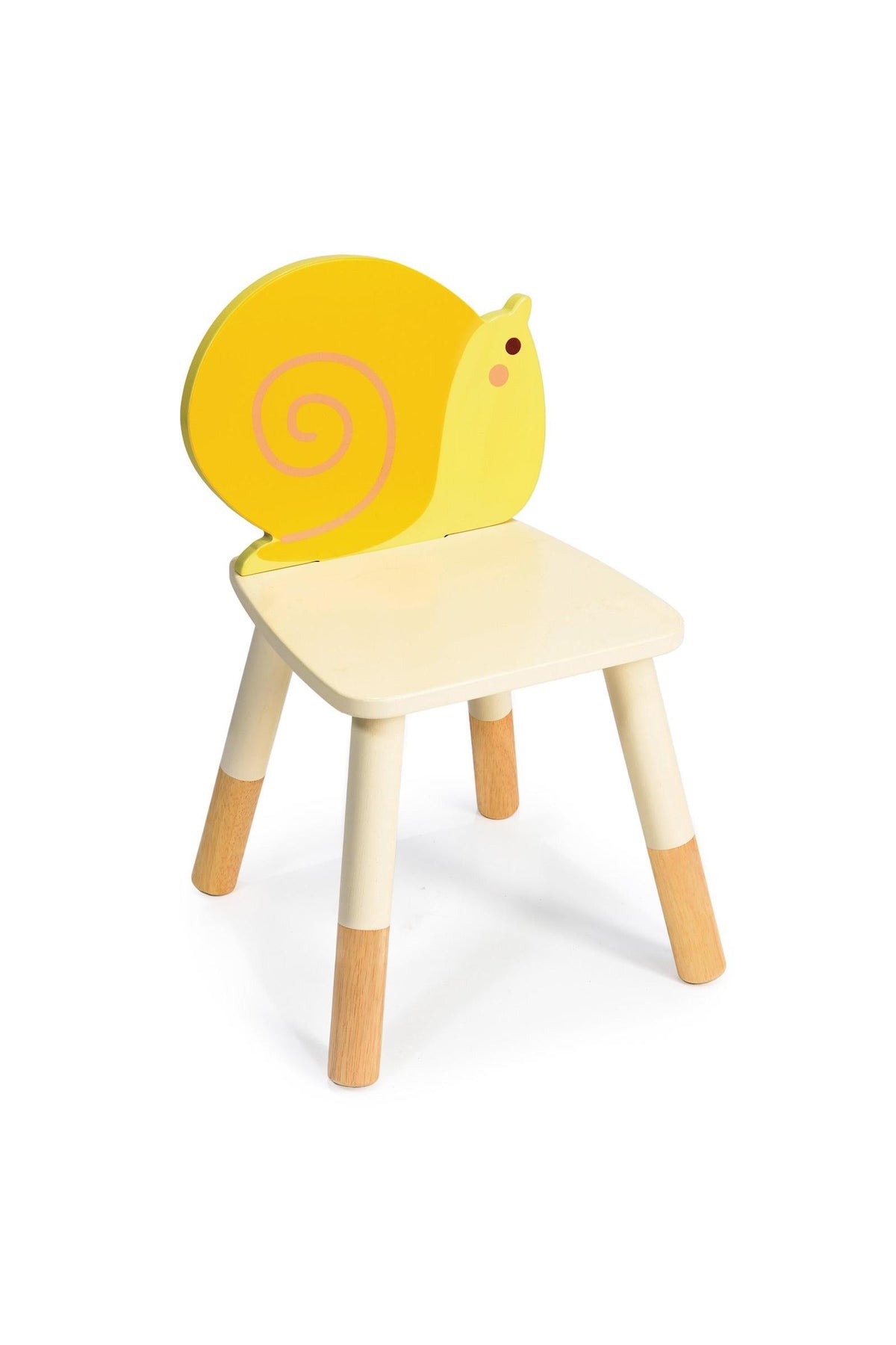 Bright yellow snail-shaped backrest chair with wooden legs, designed for toddlers. Sustainably made from rubberwood.