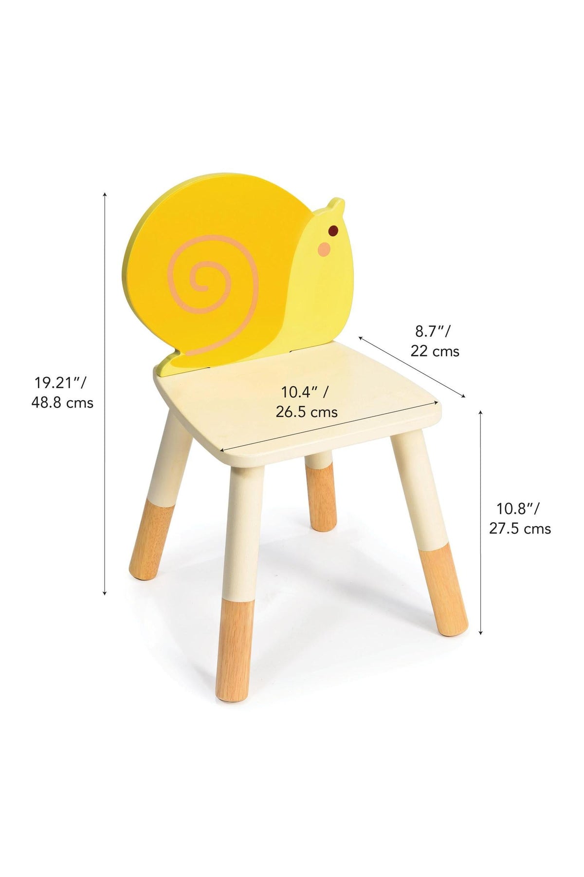 Yellow snail-shaped toddler chair with wooden legs, featuring playful design and dimensions marked for reference.