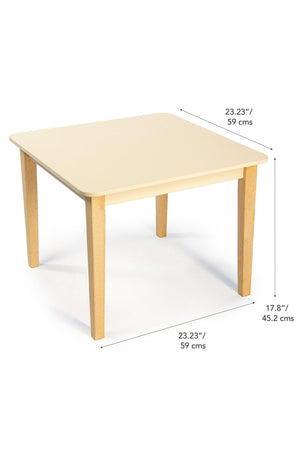 A small, light-colored wooden table with rounded edges and dimensions labeled as 23.23 by 17.8.