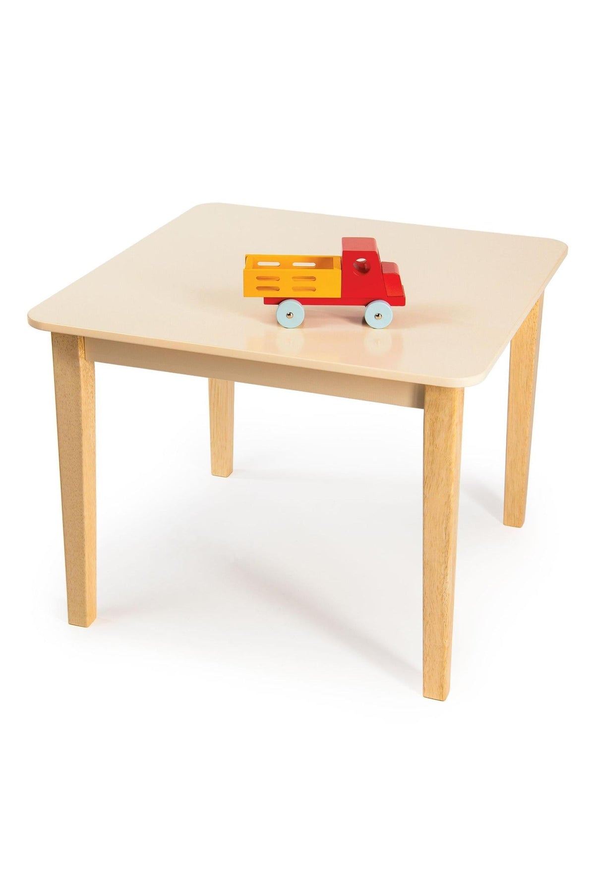 A light wood toddler table with rounded edges, featuring a colorful toy truck on top.