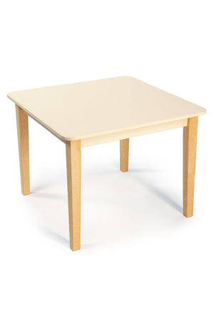 A square wooden table with a light beige top and natural wood legs, featuring rounded edges.