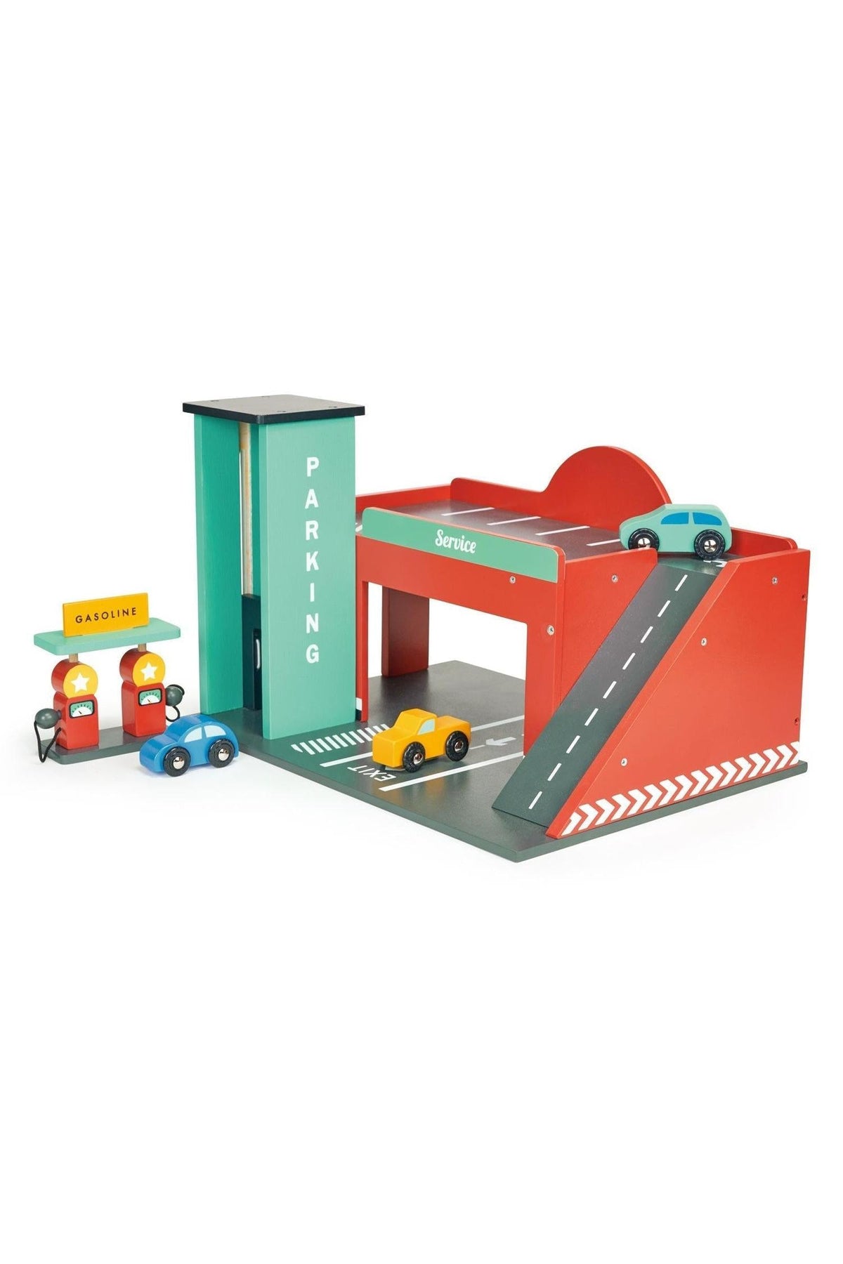 Mentari Wooden Toys gas station play set with colorful cars, ramps, and gas pumps, made from sustainable materials.