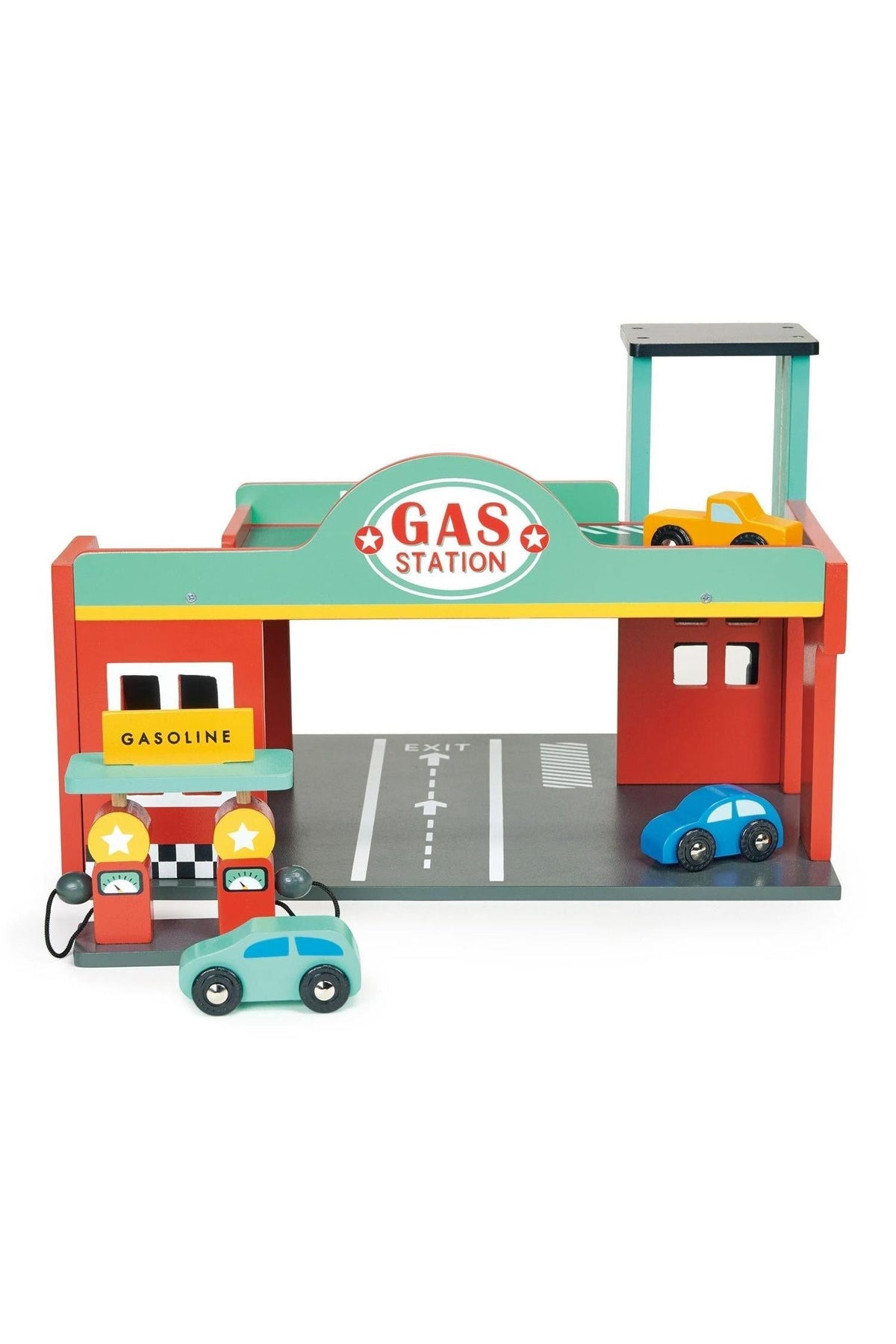 Colorful wooden toy gas station with two pumps, three cars, and a road baseboard, designed for imaginative play.
