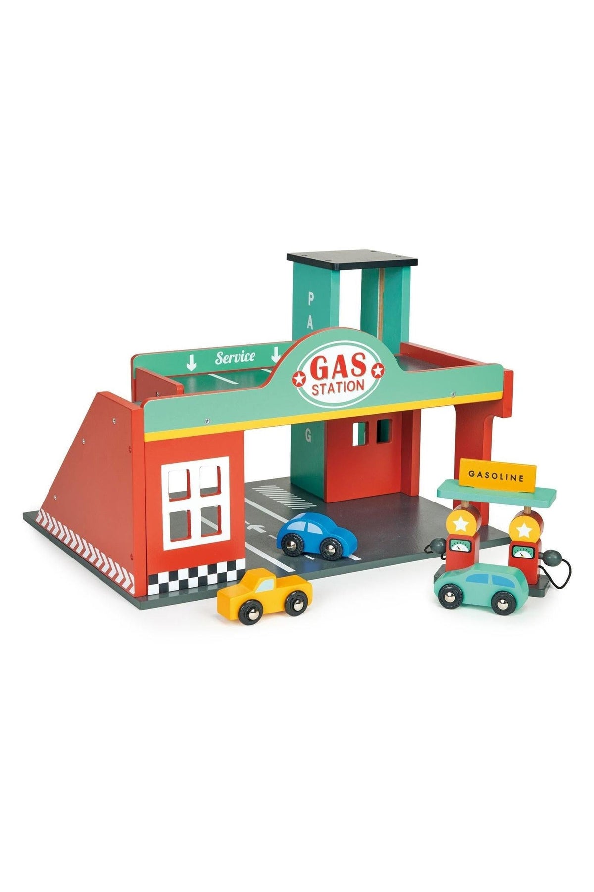Colorful wooden toy gas station set with two small gas pumps, three cars, and a ramp.