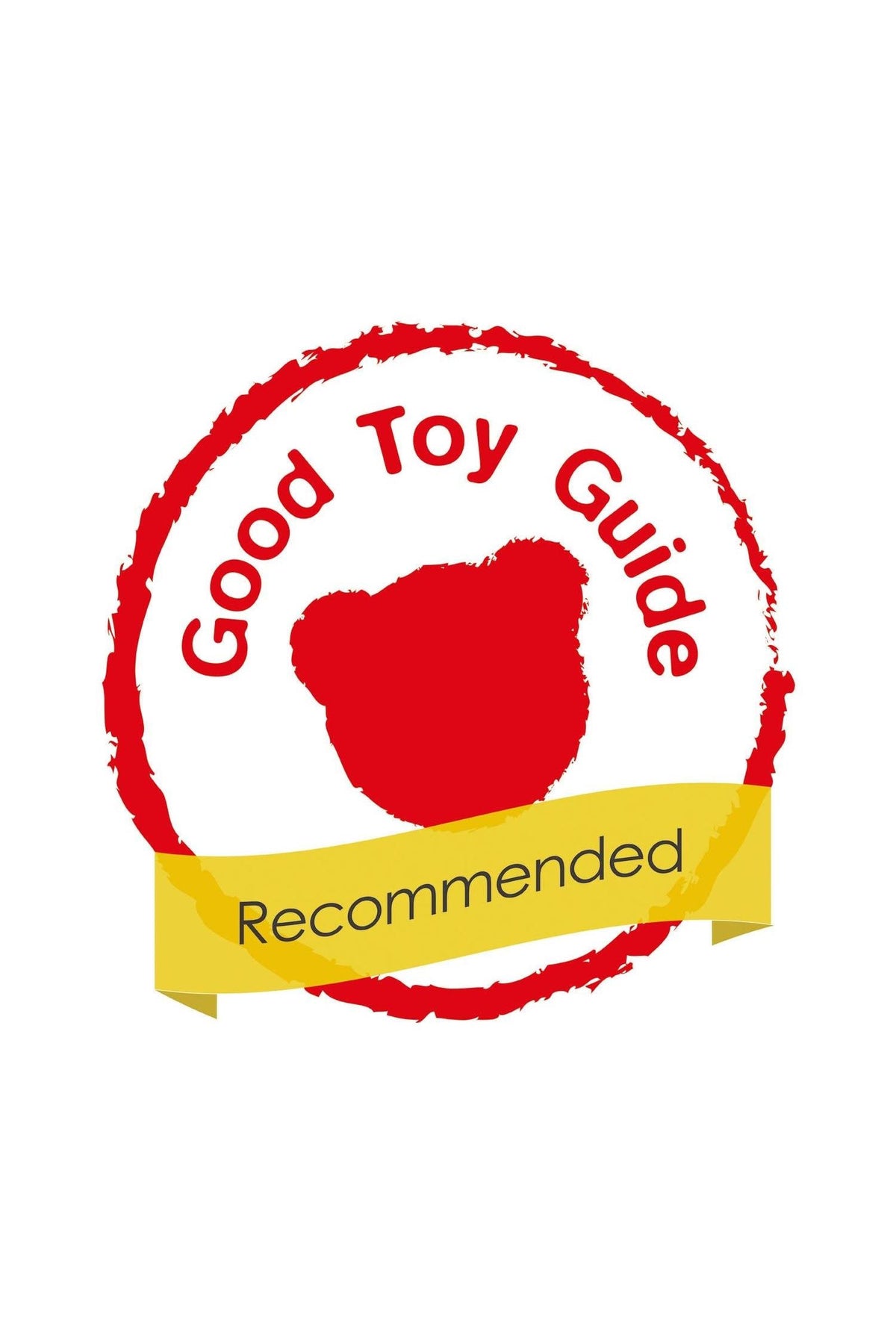 A red and yellow badge displays a bear silhouette with the text Good Toy Guide Recommended, indicating quality toy approval.