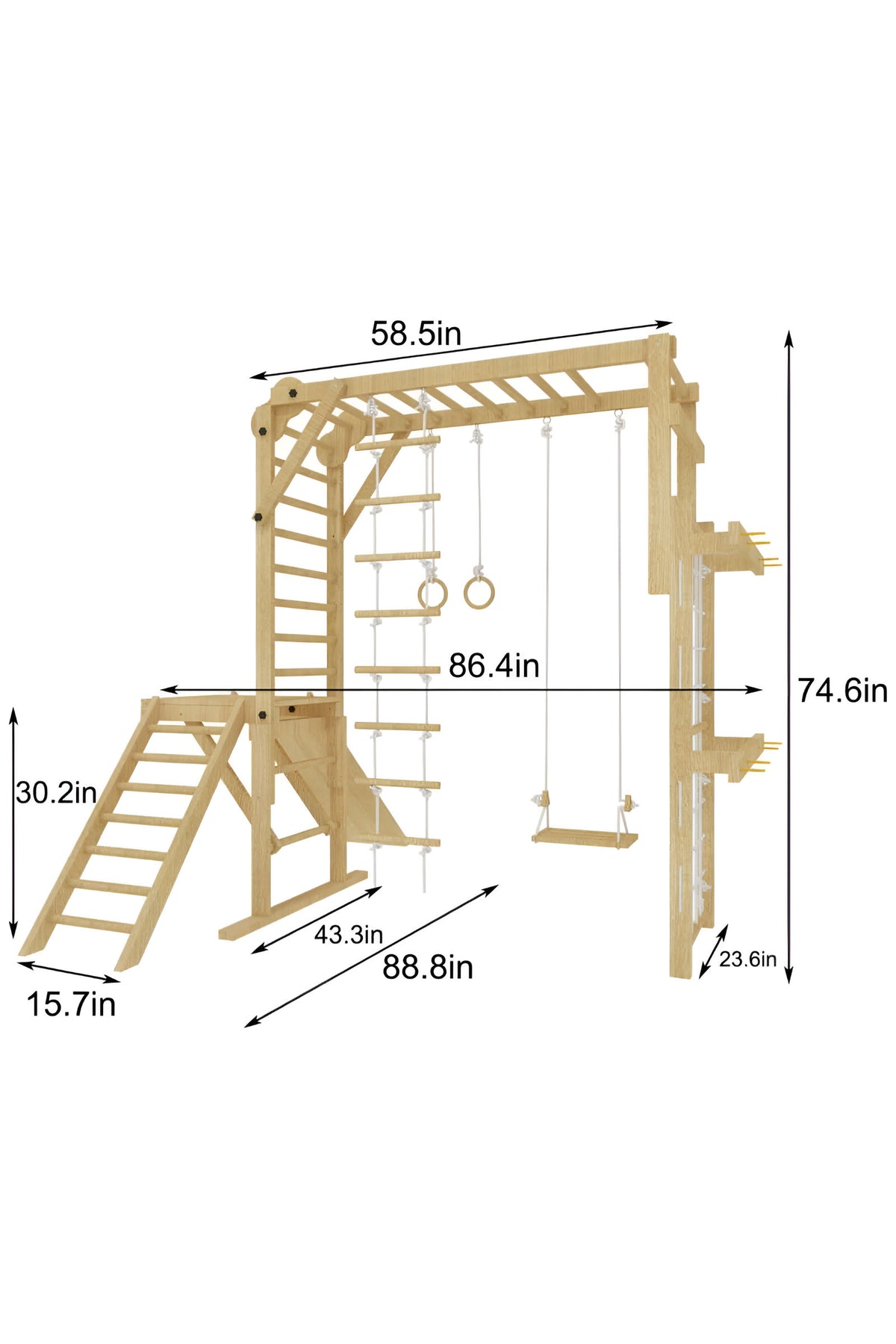 A wooden jungle gym playset featuring a slide, climbing ladder, swing, and rings, designed for indoor use. Dimensions are clearly marked, showcasing its compact and versatile structure.