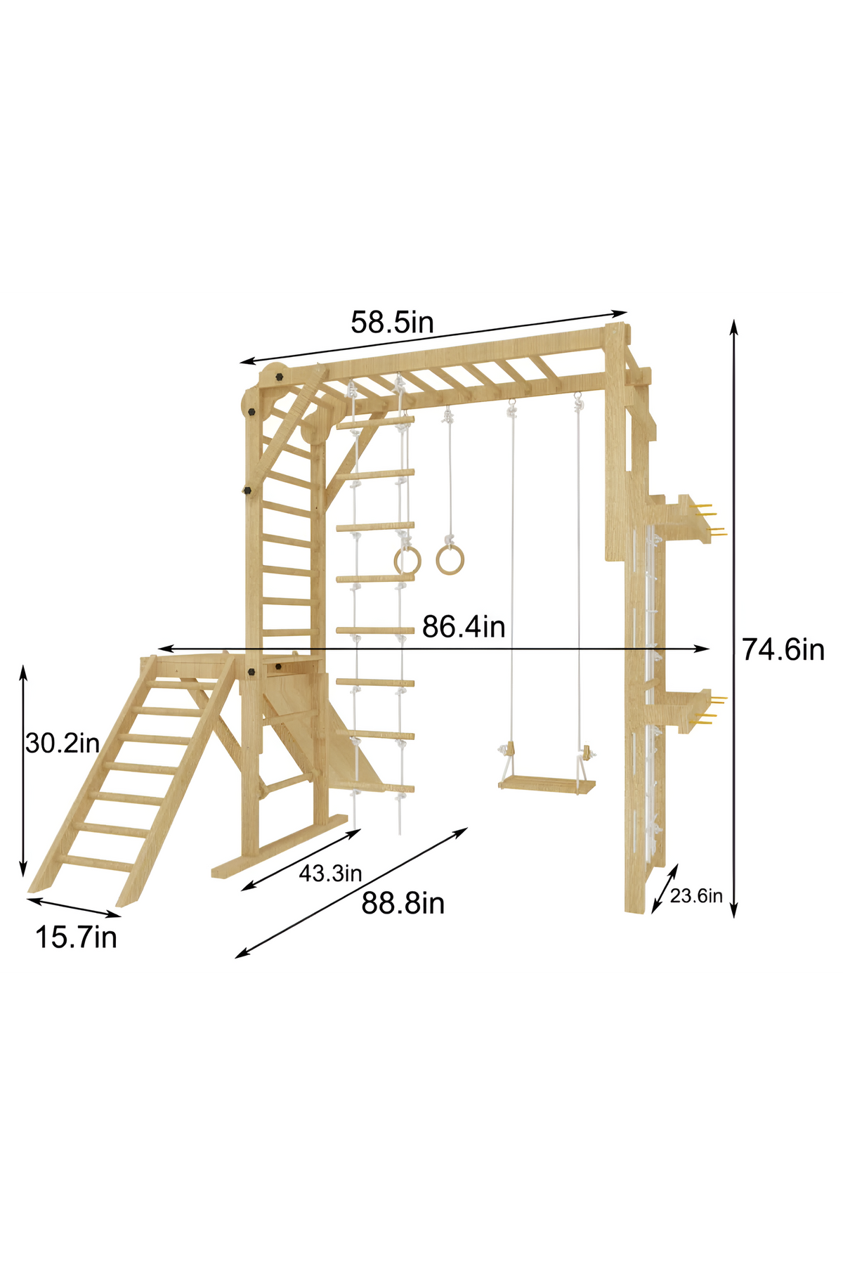 A wooden jungle gym playset features a sturdy design with a ladder, swing, rings, and climbing elements, suitable for toddlers and kids. Dimensions are prominently displayed in the image.